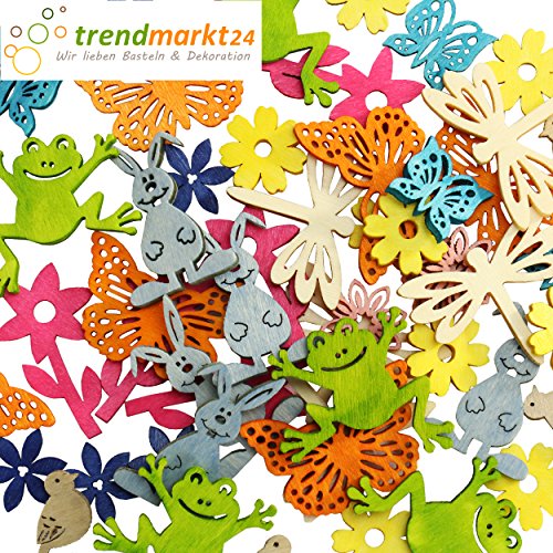 trendmarkt24 Streuteile Set Ostern 50 Teile Holzfiguren 10 Motive 2-4 cm Hase Schmetterling Blume von trendmarkt24