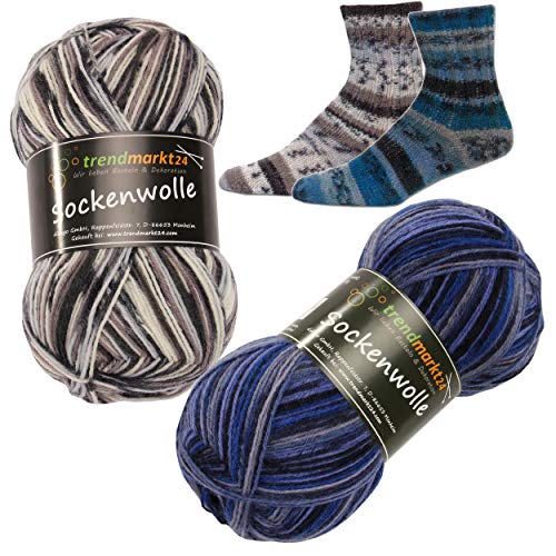 trendmarkt24 Wolle Set Mix Blau Grau 4fädig Woll-Paket 200g schadstoffgeprüft Sockenwolle Strickwolle von trendmarkt24
