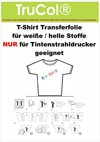 10 Blatt DIN A3 T-Shirt Folie Transferfolie Textilfolie Transferpapier klar/transparent Inkjet Bügelfolie für helle/weiße Baumwolltextilien von trucol