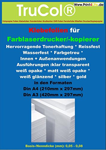 10 Blatt DIN A4 silber glänzende Polyester-Folie Klebefolie Druckerfolie, klebend, zum Bedrucken, Wetterfest, outdoor für Laserdrucker + Kopierer. Klebt auf Platten aus Plastik, Glas, Metall oder auf anderen lackierten flachen und glatten Oberflächen. Für selbstklebende Etiketten, Aufkleber, Banderolen, Hinweis- und Typenschilder. von trucol