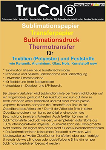 100 Blatt DIN A4 (210mm x 297mm) 95g /m² Sublimationspapier Sublimation Transferpapier für Textilien (Polyester) T-Shirt Transfer und Feststoffe wie Keramik, Aluminium, Glas, Holz, Kunststoff usw von trucol