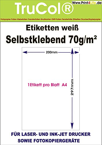 100 Etiketten selbstklebend 200x 297 mm (100 Blatt DIN A4), geeignet für Inkjetdrucker-, Laserdrucker und Kopierer von trucol