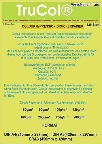 125 Blatt Din A4 200g /m² Premium Papier FARB-Laser, Kopierer, Tintenstrahldrucker, Inkjet, Offset Preprint, Digitaldruckpapier weiß matt, Kopierpapier von trucol