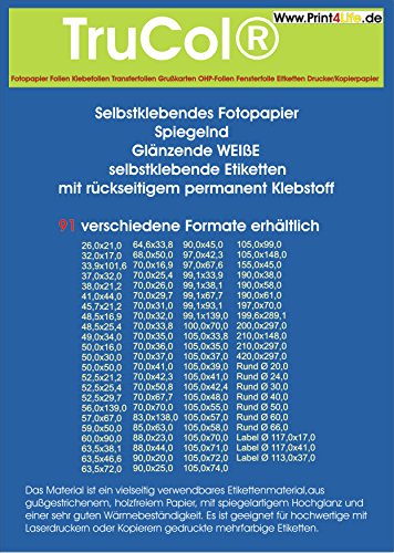 1800 STK. Selbstklebende HOCHGLÄNZENDE WEIßE Etiketten selbstklebend Adressetiketten Etikettenformat 63.5x46.6mm, 100 Blatt DIN A4, 160g /m², geeignet für Laserdrucker und Kopierer von trucol