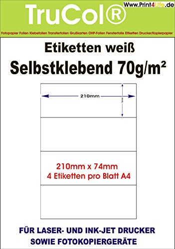 trucol 25 Etiketten A4 – 200 x 297 vollflächig selbstklebend weiß - Allround Qualität – selbstklebendes Papier von trucol