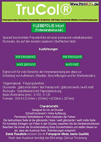 25x A4 Weiss Matte opake Selbstklebefolie für Ink Jet Drucker! Beschichtete Kunststofffolie für Tintenstrahldrucker für Innenanwendungen Aufklebern Etiketten Beschriftungen Werbezwecke von trucol