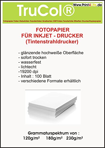 300 Blatt Fotopapier DIN A4, 180g/qm, high -Glossy (hoch-glänzend) -sofort trocken -wasserfest-hochweiß-sehr hohe Farbbrillianz, für Inkjet Drucker (Tintenstrahldrucker) von trucol