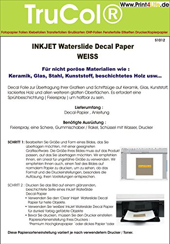 5 Blatt Inkjet Tintenstrahl Wasserschiebefolie Decal Papier Transfer Folie DIN A4 weiß von trucol