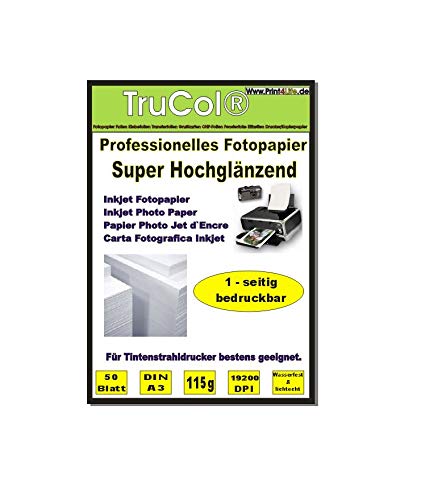 50 Blatt Fotopapier Photopapier DIN A3 115g/qm - einseitig Glossy (glaenzend) - sofort trocken - wasserfest - hochweiß - sehr hohe Farbbrillianz Fuer Inkjet Drucker (Tintenstrahldrucker) von trucol