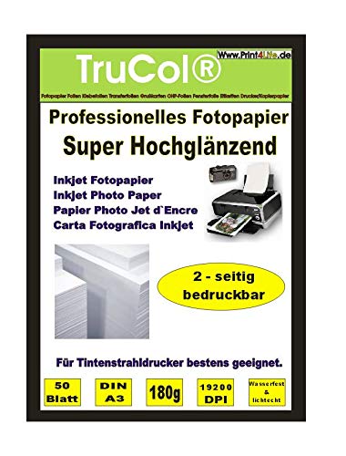 BEIDSEITIG 50 Blatt Fotopapier Photopapier DIN A3 180g /qm - beidseitig Glossy (glaenzend) - sofort trocken - wasserfest - hochweiß - sehr hohe Farbbrillianz Fuer Inkjet Drucker (Tintenstrahldrucker) von trucol