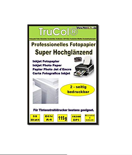 BEIDSEITIG 50 Blatt Fotopapier Photopapier DIN A4 115g /qm - beidseitig Glossy (glaenzend) - sofort trocken - wasserfest - hochweiß - sehr hohe Farbbrillianz Fuer Inkjet Drucker (Tintenstrahldrucker) von trucol