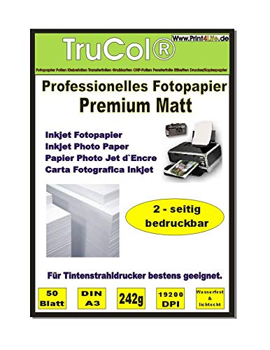 Beidseitig 50 Blatt DIN A3 242g /m² Premium MATT Fotopapier matt - sofort trocken - wasserfest - hochweiß - sehr hohe Farbbrillianz für Tintenstrahldrucker Flyerpapier Broschüren Vorlagen Beidseitig 50 Blatt DIN A3 242g /m² Premium MATT Fotopapier matt - sofort trocken - wasserfest - hochweiß - sehr hohe Farbbrillianz für Tintenstrahldrucker Flyerpapier Broschüren Vorlagen von trucol