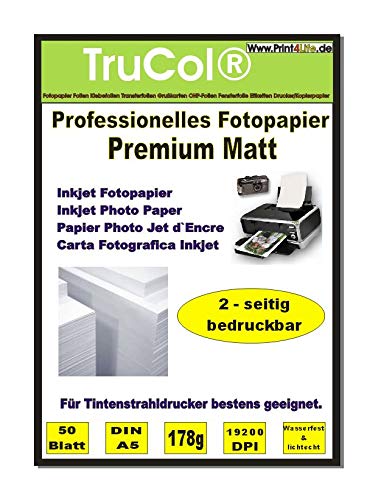 Beidseitig 50 Blatt DIN A5 178g /m² Premium MATT Fotopapier hochweiß für Tintenstrahldrucker sofort trocken wasserfest lichtecht Flyerpapier Broschüren Vorlagen Grußkarten Photopapier Einladungskarte von trucol