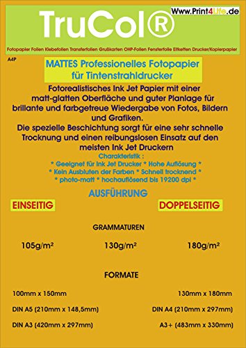DIN A4 Inkjet Papier, Photo – matt, 105g /m², 100 Blatt, 1-seitig beschichtet von trucol