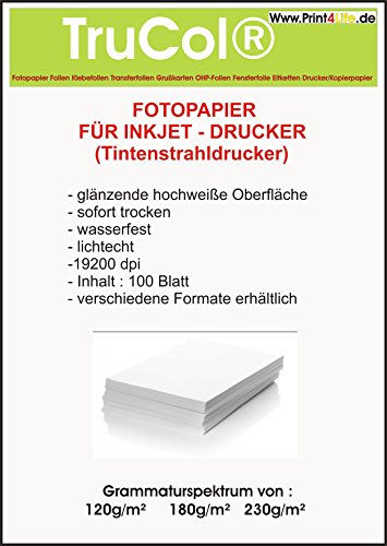 Fotopapier 100 Blatt Injektpapier Hochglanzpapier A4 (210 x 297 mm) 180g/m² Photopapier Papier von trucol