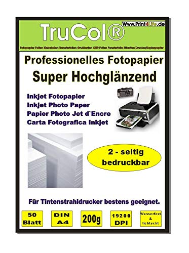 Premium 50 Blatt SUPER Hochglänzendes BEIDSEITIG beschichtetes Fotopapier DIN A4 200g /m² ; Professionelle Ausdrucke mit brillianter Farbwiedergabe von trucol