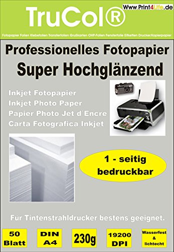 trucol Premium Fotopapier A4 230g/qm High Glossy hochglänzend wasserfest 100 Blatt Inkjet Tintenstrahldrucker von trucol