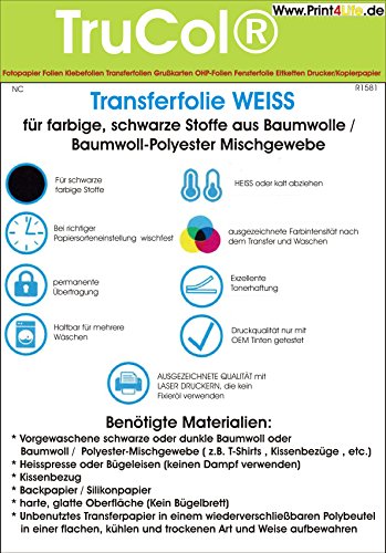 T-Shirt Textil-Transferfolie FÜR DUNKLE Stoffe Textilien DIN A4 Weiss zum Aufbügeln und Selbst gestalten (20 Blatt) - für Laserdrucker und Kopierer von trucol