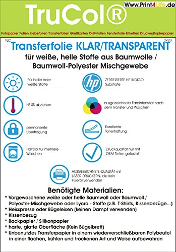 trucol T-Shirt Textil-Transferfolie FÜR HELLE Stoffe Textilien DIN A4 klar transparent zum Aufbügeln und Selbst gestalten (20 Blatt) - für Laserdrucker und Kopierer von trucol