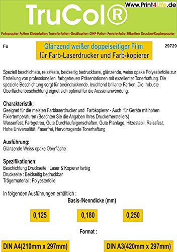 trucol 25 Blatt DIN A4 glänzende, Weiss opake BEIDSEITIGE reissfeste 0,125mm Laserfolie (Polyesterfolie) wetterfest Outdoor exzellente Tonerhaftung von trucol