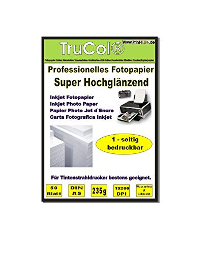 trucol 50 Blatt Premium Inkjet Grußkarten, glänzend, DIN A5, 235g /m², Fotopapier, Photopapier, High Glossy, Grußkarte, Einladungskarte, Bis 19200 DPI ; wasserfest * lichtecht von trucol