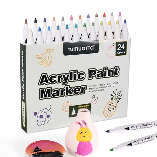 tumuarta Acrylstifte Marker, 24 Farben Set, Feine Spitze, Wasserbasis, Pigmenttinte, DIY Handwerk für Papier, Porzellan, Holz, Steine, Glas, Keramik, Kieselsteine und mehr Oberfläche. (24) von tumuarta
