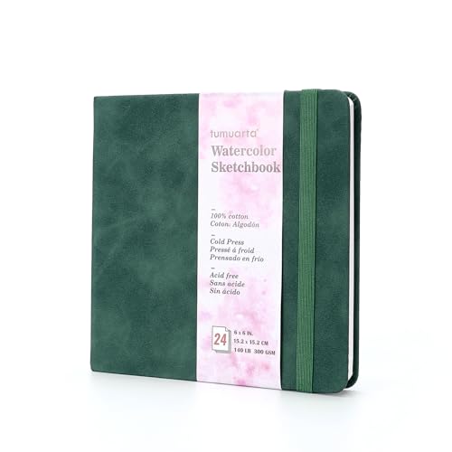 tumuarta Aquarell Skizzenbuch, 15x15 cm, 300 g/m², 100% Baumwollpapier, kaltgepresst, 24 Blatt, Aquarell-Journal für die Verwendung als Reiseskizzenbuch und Mixed-Media-Notizblock (Tiefgrün) von tumuarta