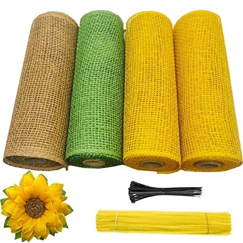 4 Rollen Poly-Jute-Deko-Netz-Set 25,4 cm für DIY-Haustür, Sonnenblumenkranz, Kabelbinder, Chenille-Stiele enthalten (gelb-grün-Jute) von tyoungg
