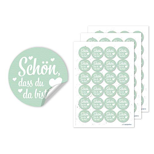 72 Stk. "Schön DASS du da bist" Sticker Vintage grün Herzen- Aufkleber rund Ø 4cm - Geschenkaufkleber für Hochzeit & Gastgeschenk von typographus