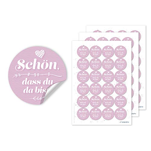 typographus Schön DASS du da bist Aufkleber in rosa mit Herzen – 72x Hochzeitsaufkleber rund Ø 4cm Sticker für Gastgeschenke & Tischdeko von typographus