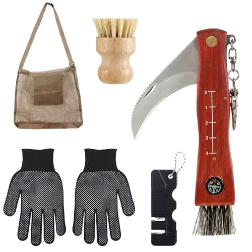 Pilzmesser mit Bürste, Tragbar Pilzsammler Set Edelstahl Pilzsammler Messer mit Handschuhe Pilzbürste Pilzsammeltasche Messerschärfer Pilztasche Schwammerlmesser mit Pinsel Pilzmesser Set, 6 Stück von ueslwser