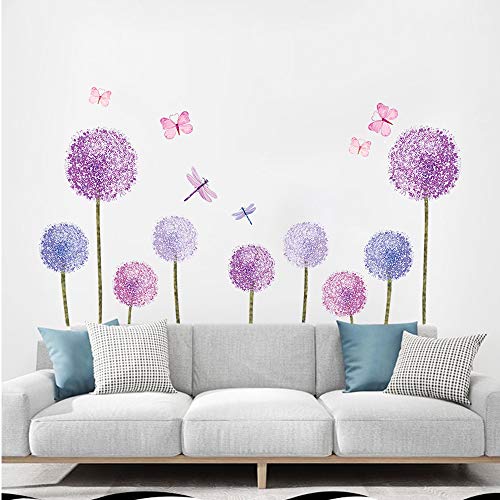 ufengke Wandtattoo Löwenzahn Violett Wandaufkleber Blumen Schmetterlinge für Kinderzimmer Mädchen Kinderzimmer Wohnzimmer Wanddekoration von ufengke