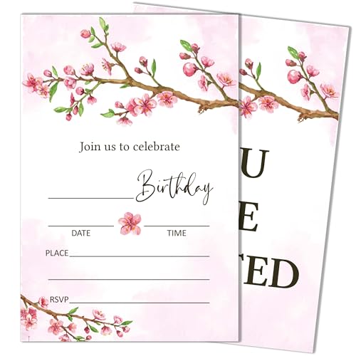 TB693 Einladungskarten für Geburtstagspartys, niedliche rosa Kirschen, für Mädchen und Jungen, 10,2 x 15,2 cm, mit Umschlägen, 20 Stück von ukebobo