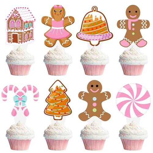 Lebkuchen-Weihnachts-Cupcake-Topper, rosa Lebkuchen-Themen-Party-Dekorationen, 48 Stück, Lebkuchenhaus, Zuckerstange, Cupcake-Picks, Winterurlaub, Kuchendekoration für Frohe Weihnachten, Partyzubehör von umoni