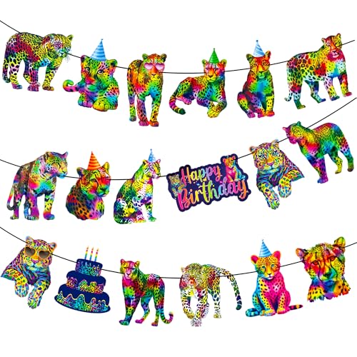 Neon Leopard Party Banner Leopard Print Geburtstag Wimpelkette Girlande Neon Leopard Geburtstag Party Dekor für Regenbogen Leopard Party Supplies von umoni