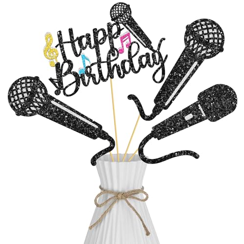 Schwarze Glitzer-Mikrofon-Mittelstück-Sticks, Musikliebhaber, Geburtstagsdekorationen für Musik, KTV-Themen-Dekor, Zubehör, Jungen, Mädchen, Happy Birthday, Jahrestag, Hochzeit, Party-Dekoration von umoni
