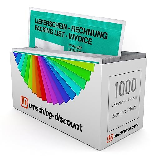 umschlag-discount – grüne Versandtaschen aus Papier für Lieferscheine, Rechnungen, Retourenscheine & Co – 1000 Stück selbstklebende Lieferscheintaschen, 240 x 131 mm (DIN lang) von umschlag-discount