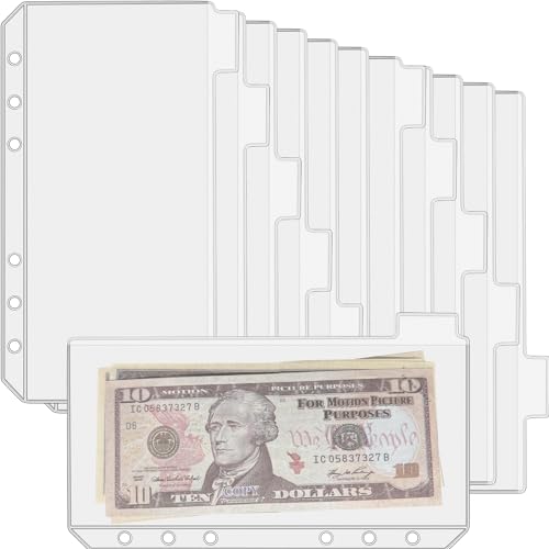 UMSICHT 12 x A6-Ordnertaschen ohne Reißverschlüsse, Budget-Umschläge mit Index-Bit-Design, A6-Ordnertasche für 6-Ringordner, Geldordner, Organizer, transparente PVC-Umschläge, 12 Stück von umsicht