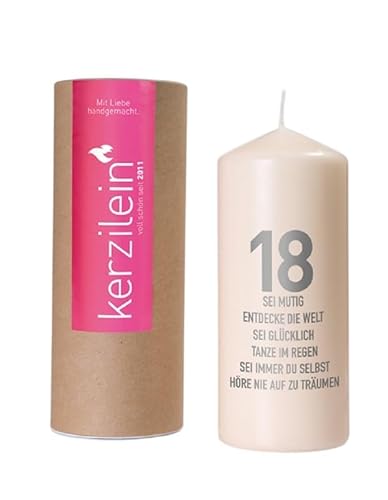 Stumpenkerze Geburtstagskerze 18. Geburtstag – 19 cm hoch, Ø 8 cm – 100 Std. Brenndauer – Handveredelt & Made in Germany – Geschenk mit Spruch in Grau auf Weiß (18. Geburtstag grau) von unbekannt
