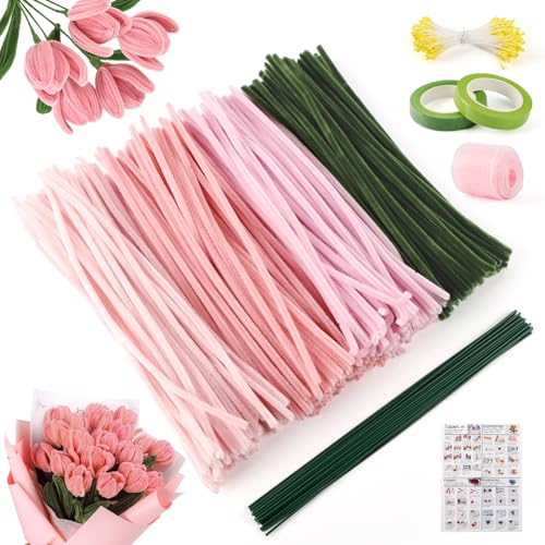 300 Stück Pfeifenputzer zum Basteln, Tulip Bouquet Pfeifenreiniger Blumen Set, Rosa Pipe Cleaner Kreativ-Set mit Grüne Bastelfaden,Klebeband,Farbband,Staubgefäße,Geschenkpapier für DIY-Kunsthandwerk 300 Stück Pfeifenputzer zum Basteln, Tulip Bouquet Pfeifenreiniger Blumen Set, Rosa Pipe Cleaner Kreativ-Set mit Grüne Bastelfaden,Klebeband,Farbband,Staubgefäße,Geschenkpapier für DIY-Kunsthandwerk von unbholkk