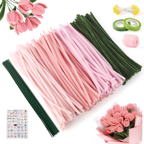 Pfeifenreiniger Blumen Set, 300 Stück Pfeifenputzer zum Basteln, Pfeifenreiniger zum Basteln, mit Grüne Bastelfaden, Klebeband, Geschenkpapier für DIY-Kunsthandwerk, Rosa von unbholkk