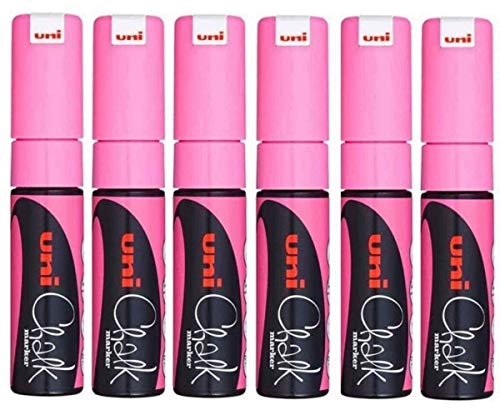 Uni Fluoreszierendes Neon Pink Keilspitze Feder (8 mm) Liquid Chalk Marker Pen Farbe Whiteboard Tafel Kreidetafel Menu Glas Windows Nass Wischen nicht permanent (Pack von 6) pwe-8 K von uni-ball