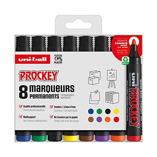 uni-ball Uni Prockey Uni Mitsubishi Pencil Permanentmarker PM122, multifunktional, wasserbasiert, geruchsneutral, mittlere konische Spitze, 1,2 – 1,8 mm, Null-Kunststoffverpackung, 8 Farben von uni-ball