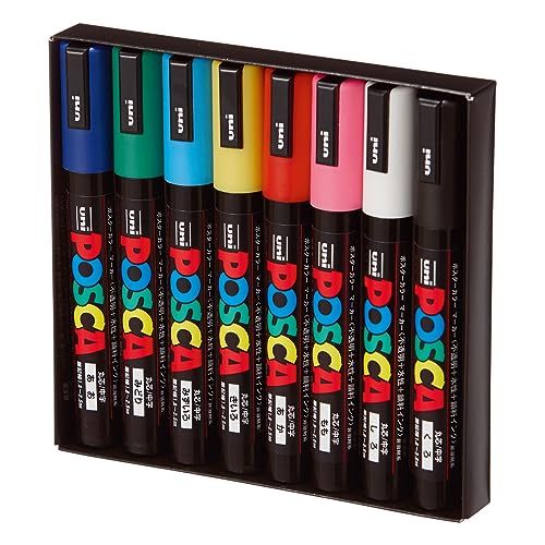 uni-ball 182512 - POSCA Marker mit mittelfeiner Rundspitze, 8er Set, Grundfarben von uni-ball