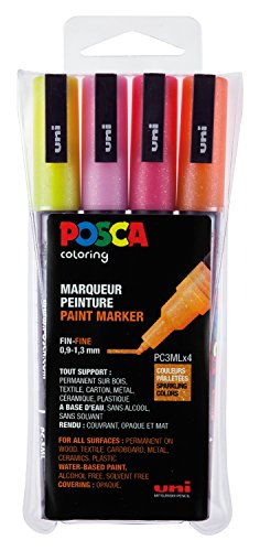 uni-ball 186505 - POSCA Marker mit feiner Rundspitze, 4er Set, Glitter warme Farben von uni-ball