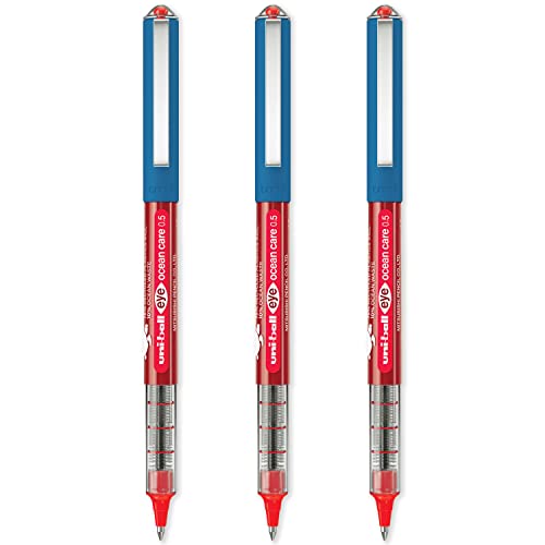 uni-ball Eye Ocean Care UB-150ROP Tintenroller – Micro 0,5 mm Kugelschreiber für super glattes Schreiben, Zeichnen, Kunst, Handwerk und Ausmalen – Farbecht und wasserabweisend – 3 Stück rote Tinte von Uni-Ball