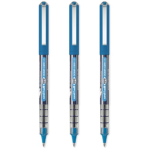 uni-ball Eye Ocean Care UB-150ROP Tintenroller – Micro 0,5 mm Kugelschreiber für super glattes Schreiben, Zeichnen, Kunst, Handwerk und Ausmalen – licht- und wasserbeständig, 3 Stück blaue Tinte von uni-ball