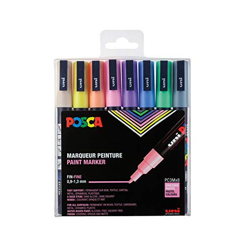 POSCA Mitsubishi Pencil – 8 Marker PC3M – konische Spitze feine Spitze – Marker auf Wasserbasis – für Papier, Textilien, Glas, Kiesel, Holz – Pastellfarben von POSCA