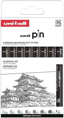 uni-ball Stiftetui, 8 Stück, kalibrierte Marker, 0,03 bis 1,2 mm, Schwarz, klassisches Set I von uni-ball