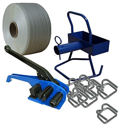 25mm HD Textilband - gewebt - Umreifungsset Umreifungs Set * 1400kg Reisskraft * Holz bündeln * Textilbandumreifung * Drahtklammern - phosphatiert - Haspelspanner Abroller von upve